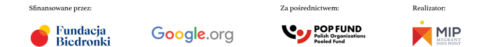 logo partnerów i twórców - Fundacja Biedronki, Google.org, Pop Funf, Migrant Info Point